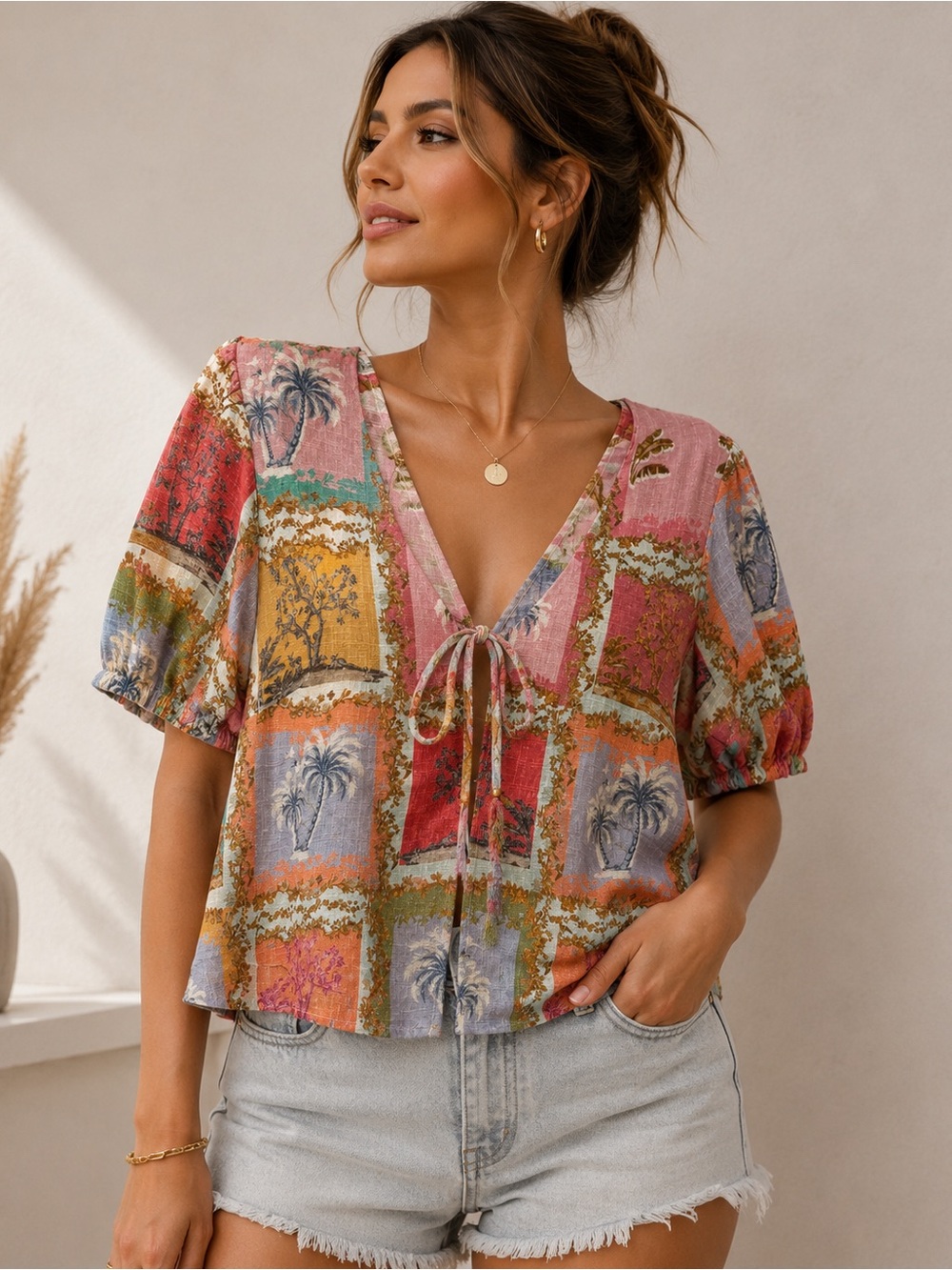 Bohemian Patchwork V-Neck Tie Front Blouse - Pink Multi